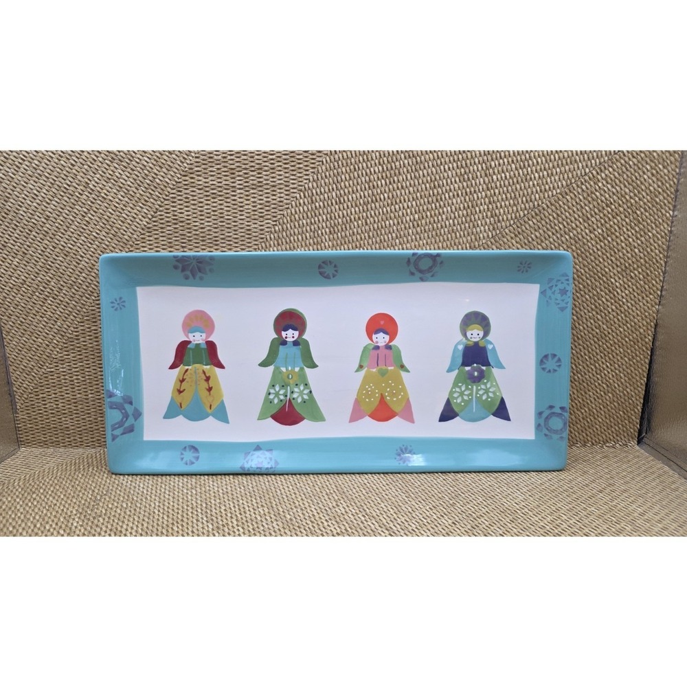 World Market Holiday Winter Platter Folk Art Dolls Turquoise 16x8 Ceramic Tray